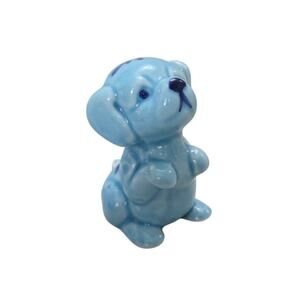 Vintage Blue Miniature Pottery Hand Painted Dog Puppy Floral